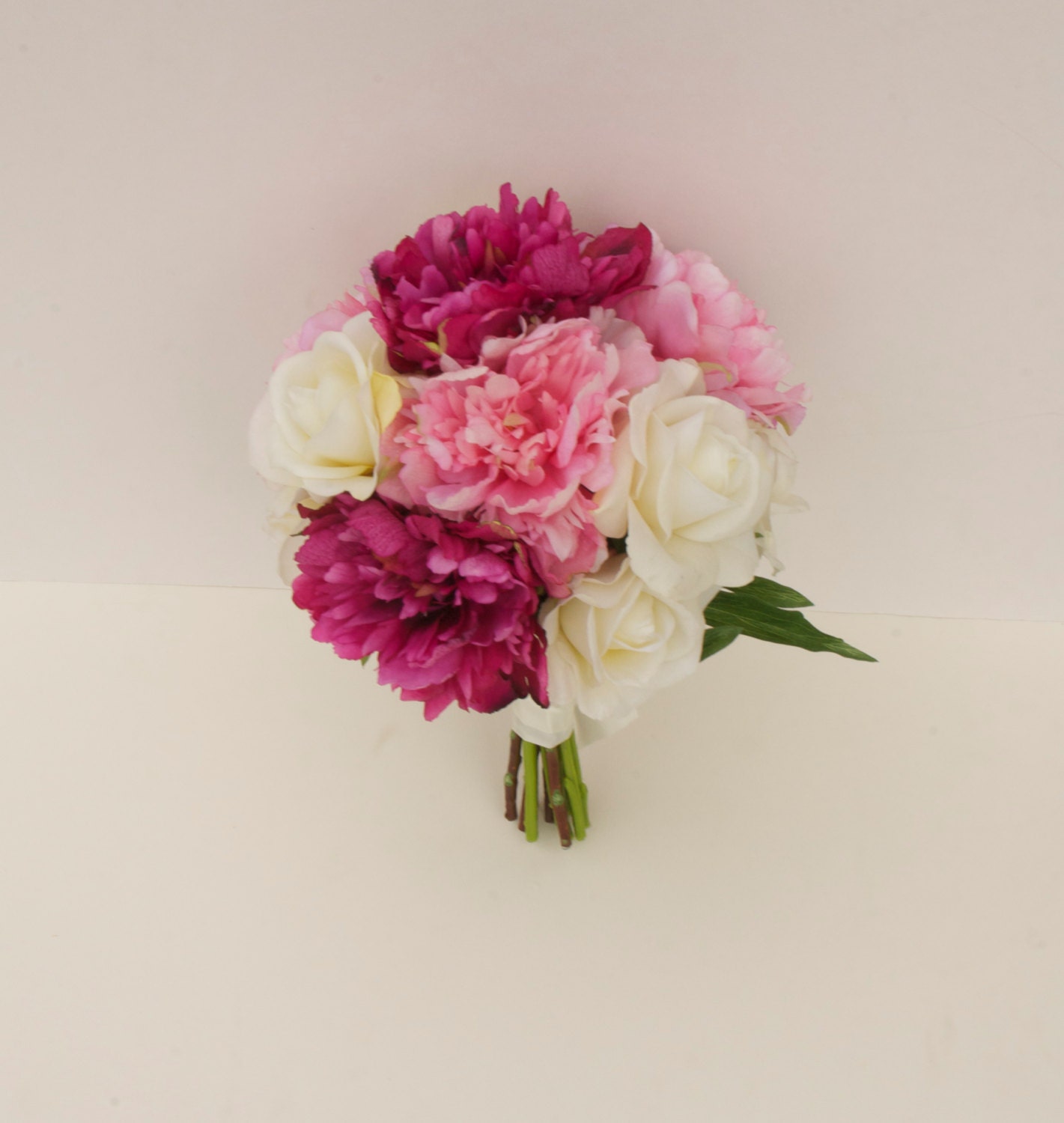 Pink Peony Bouquet (Real Touch Flower Bouquet) Dark Pink Peony, Light Pink Peony, Ivory Roses