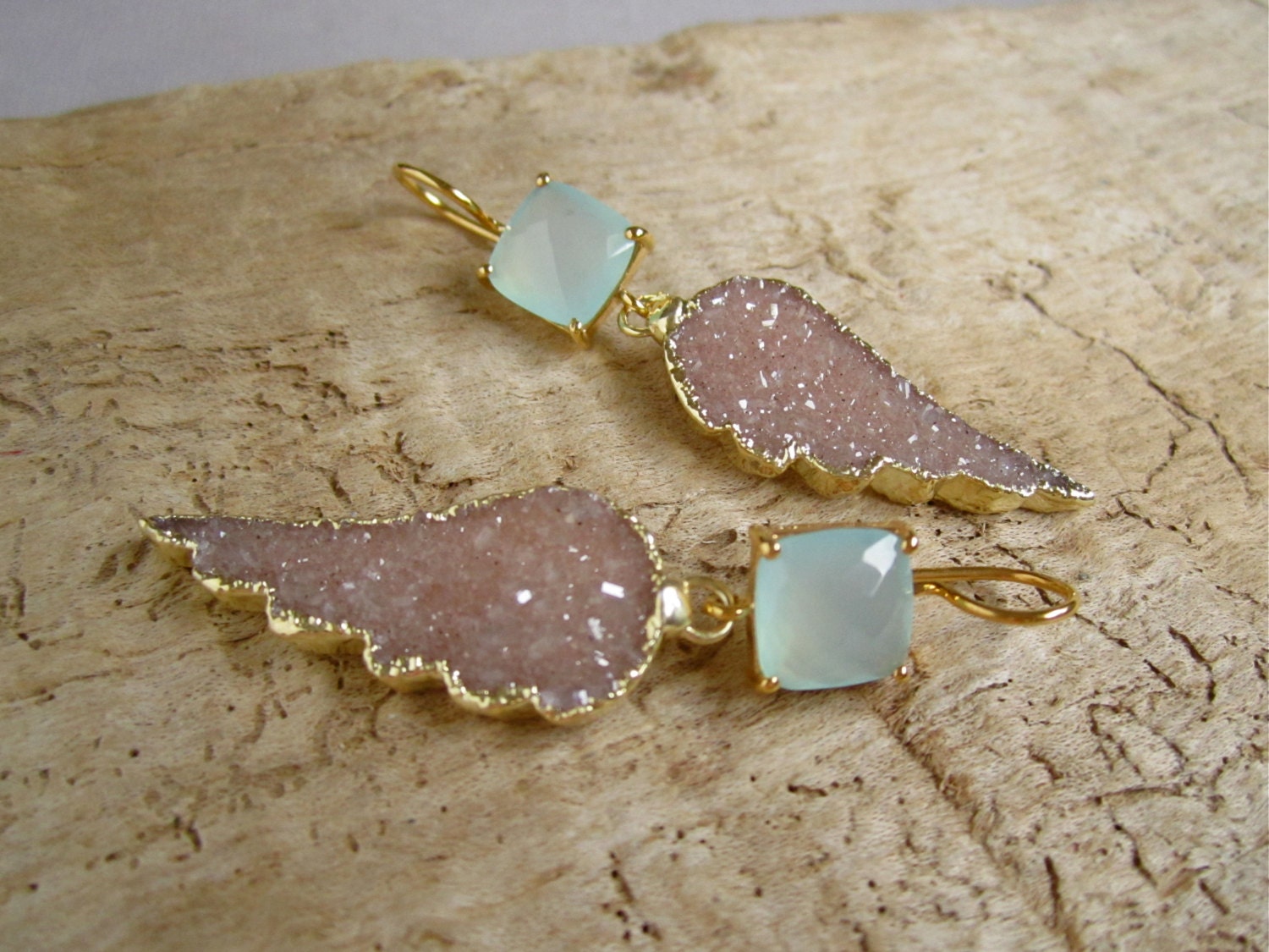 Sand Druzy Earrings Druzy Quartz Angel Wings Sea Green Chalcedony Gold Vermeil