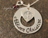 Custom Hand Stamped Sterling Silver Washer Necklace with Baby Feet Heart Charm perfect for new mothers or remembrance necklace