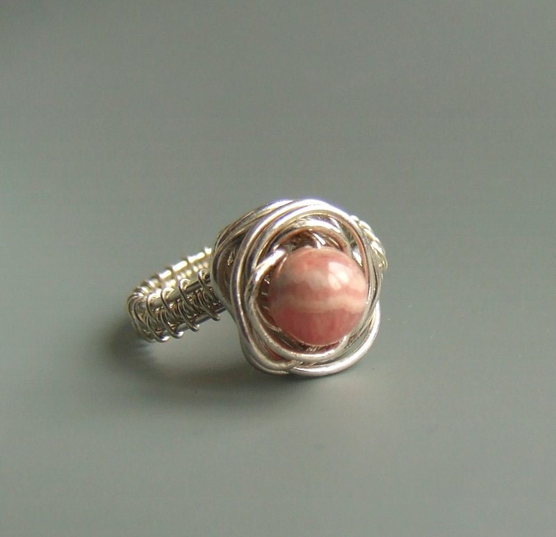 Rhodochrosite silver ring, pink stone sterling silver stone jewelry, handmade romantic rose ring