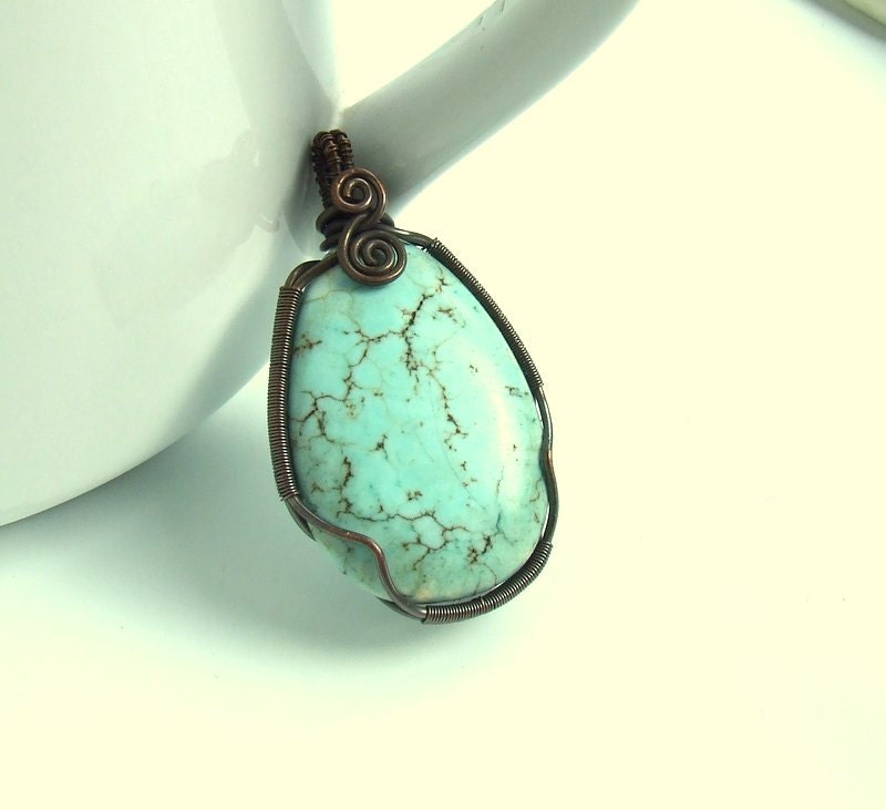 Blue copper pendant, turquoise howlite stone antiqued rustic jewelry