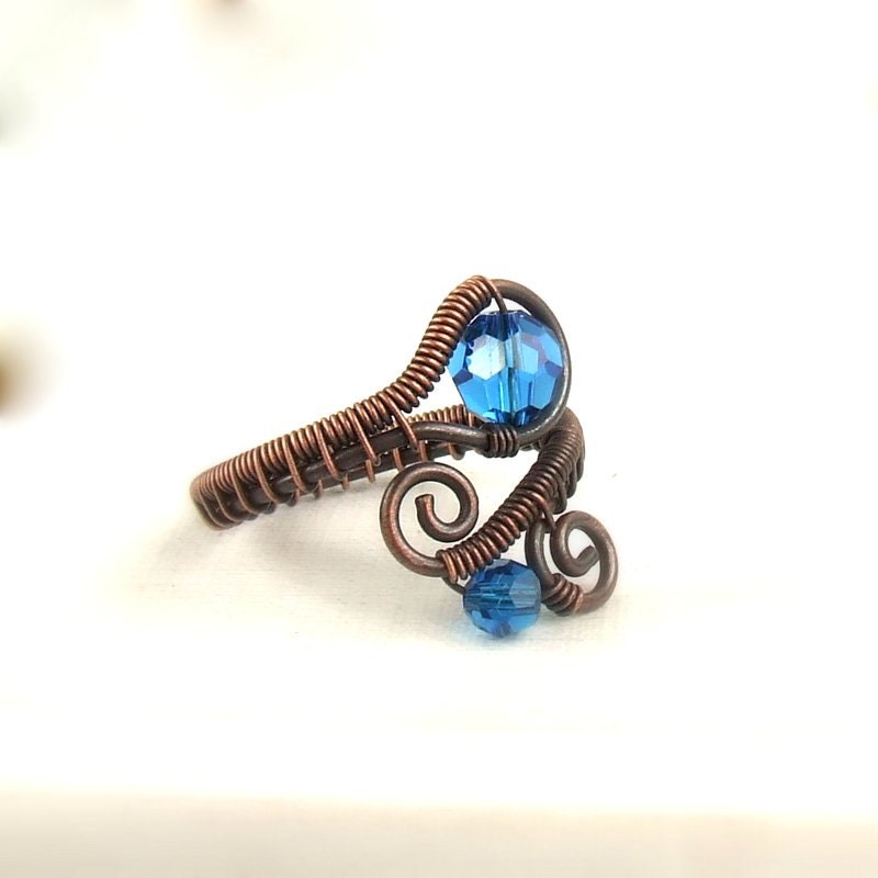 Blue copper ring Swarovski adjustable ring handmade antiqued wire wrapped crystal jewelry