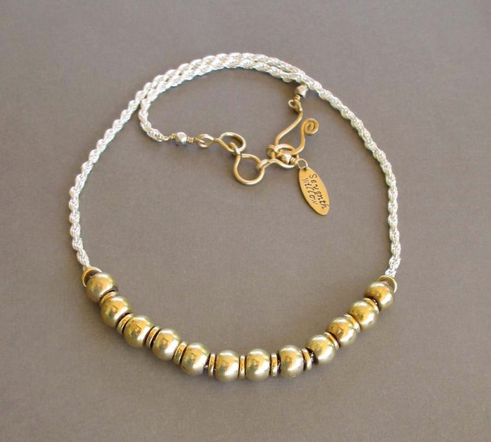 Sterling Silver Chain Necklace Brass Bead Necklace Modern Jewelry Mixed Metal Jewelry