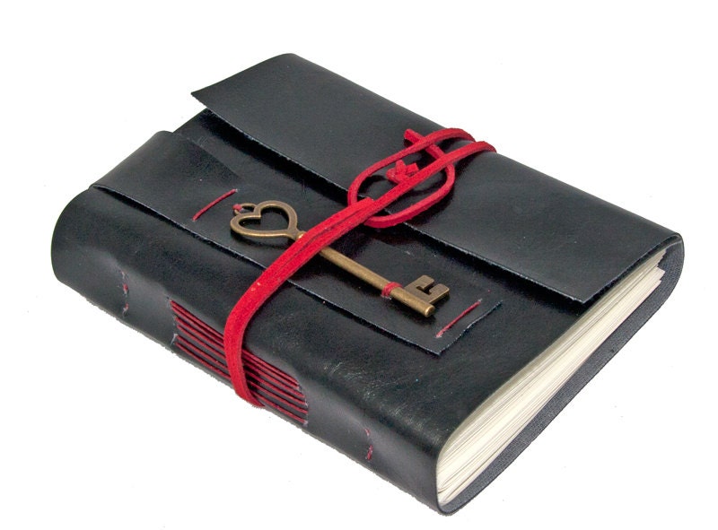 Black Vegan Faux Leather Journal with Heart Key Bookmark