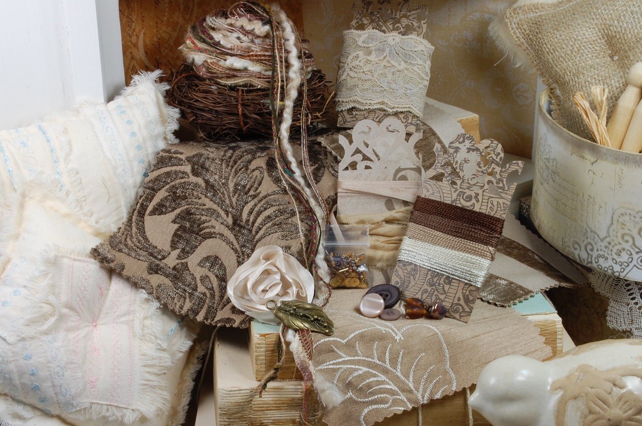 Tea Cake - Tidbits and Samplings. No.11. in Mocha, Taupes and Champagne. Inspiration kit. Embellishment kit. OOAK