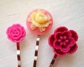 Flower Hair Pins - Flower Cabochon Bobby Pins - Silver - Pink - Fuchsia - Rose