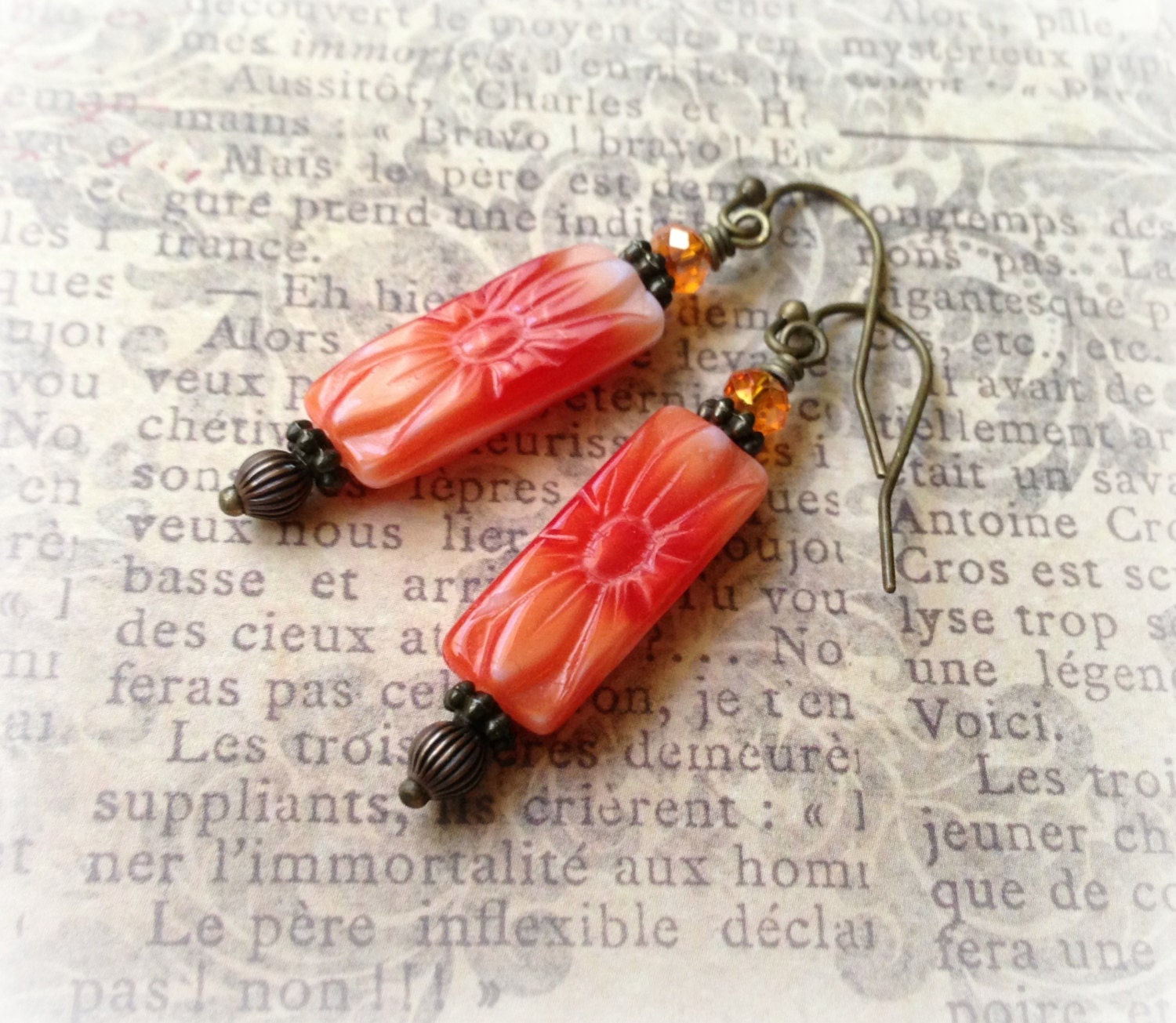 Coral Flower Earrings - Glass & Brass Dangle Earrings