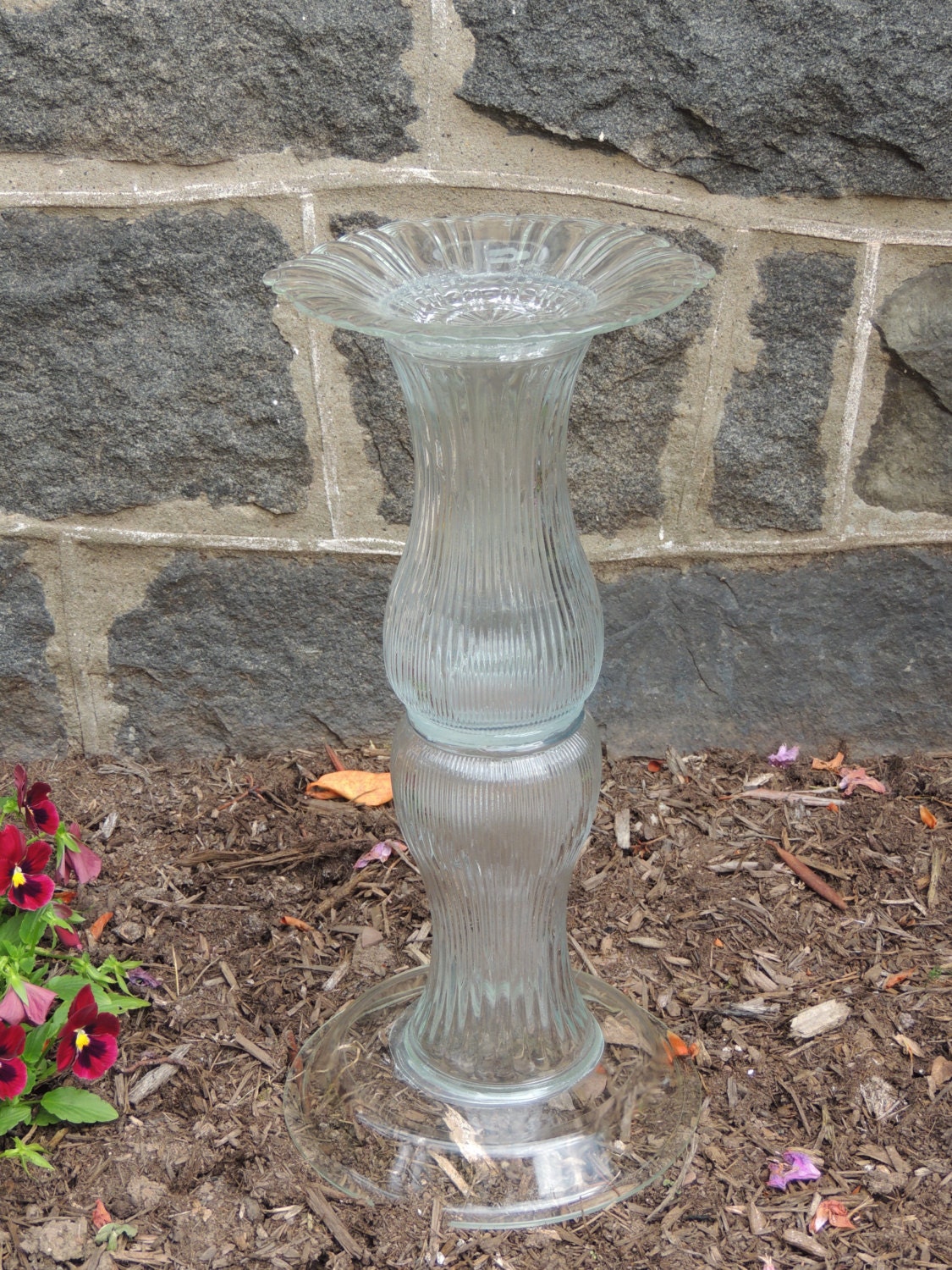 Variegated Upcycled Glass Bird Bath Feeder Garden Decoration  glassware ware candle or plant stand indoor outdoor