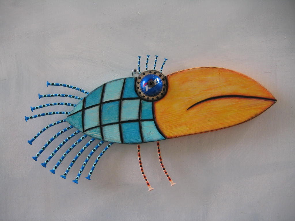 Blue Crow, Original Found Object Sculpture, Wood Carving, Wall Art, by Fig Jam Studio