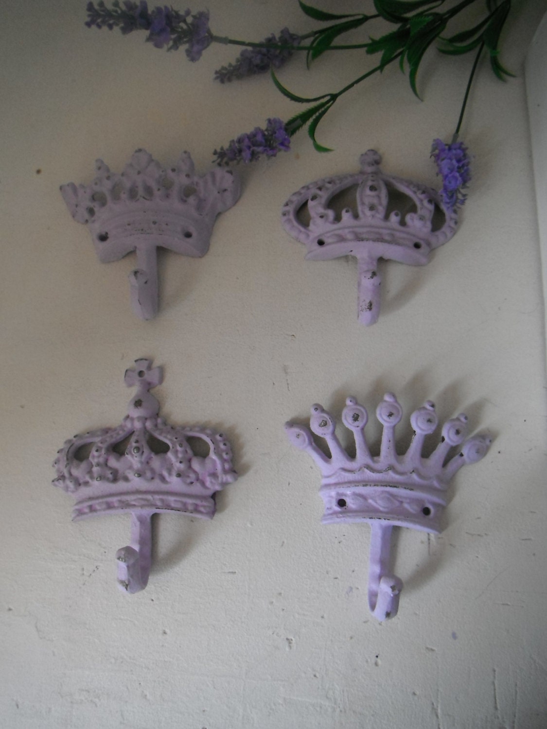 wall hooks shabby chic cast iron hook choice of colours SET of 4 french country crown tiara set nursery decor pink lilac