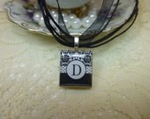 Black and White Damask Monogram Scrabble Tile Necklace on Ribbon or Ball Chain