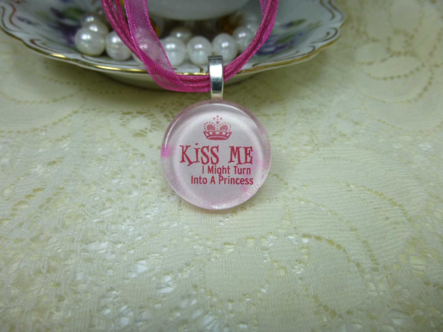 Kiss Me I Might Turn Into A Princess Glass Tile Pendant Necklace on Ribbon or Ball Chain