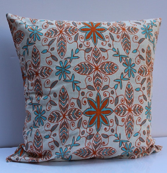 Orange, Natural and Blue Floral Mosaic Pattern Pillow Cover - 18 Inch - BeautifulPattern Mixes with Variety of Decor and Colors
