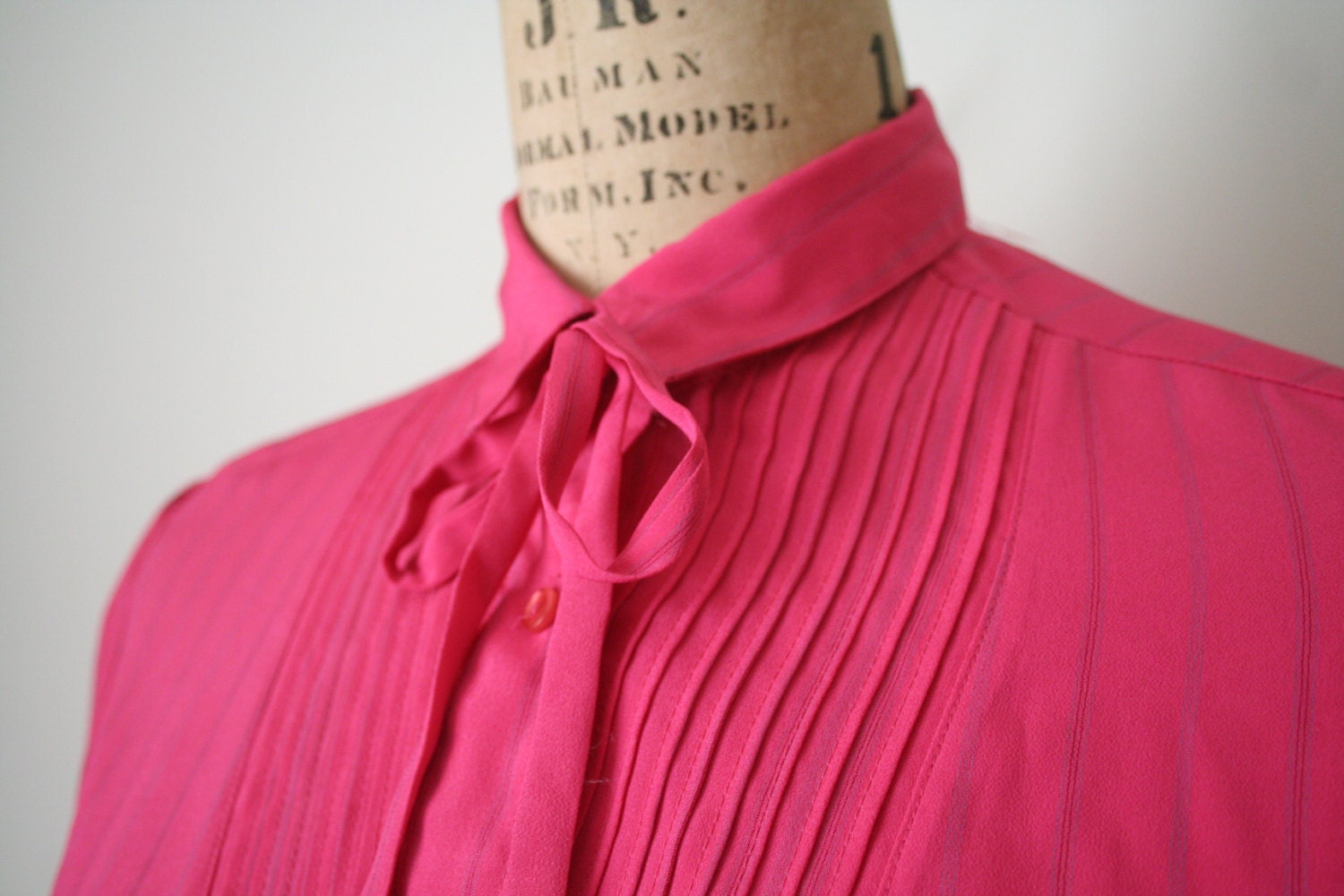 vintage 1980's bow blouse BUBBLEGUM secretary / pinstipes HOT PINK geek chic