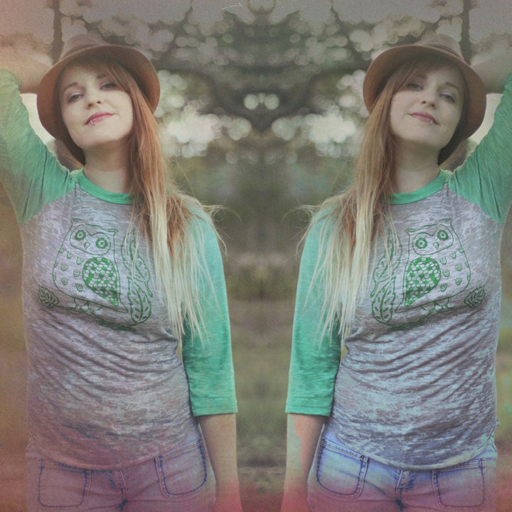 Owl Screenprinted Green Burnout Baseball Tee