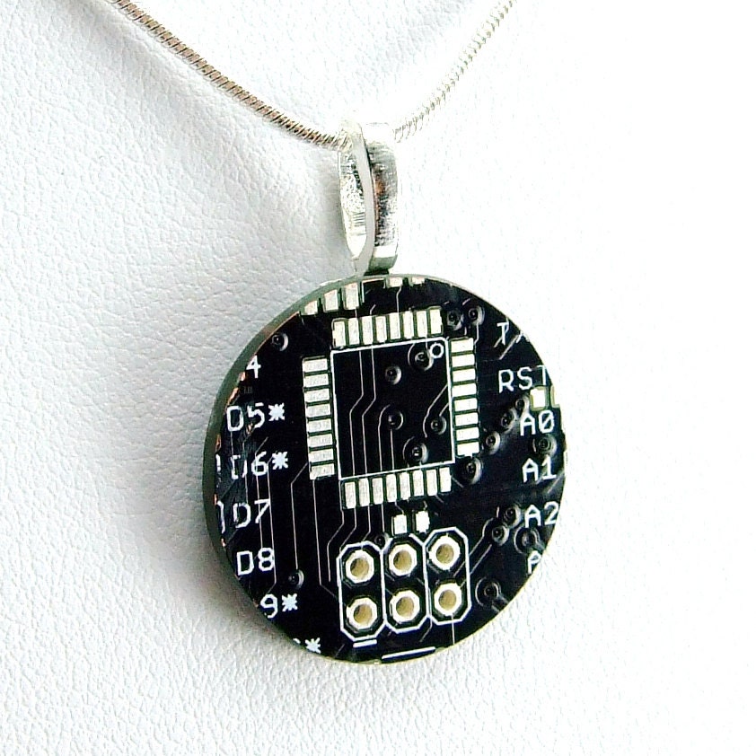Circuit Board Necklace -- Black, Round