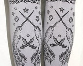 Pirate Narwhal Tattoo Tights Extra Large Plus Size Black on Dove Grey Tights Printed Women Octopus Squid