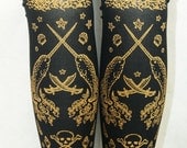 Pirate Printed Thigh High Stockings Gold on Black One Size Womens Nautical Tattoo Sailor Octopus Narwhal Squid Anchor Sea Ocean Marine