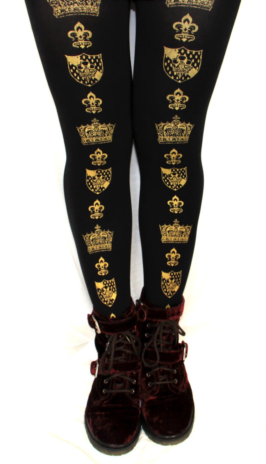 Crown Printed Tights Extra Large Plus Size XL Gold on Black Royal Victorian Steampunk Medieval Fleur de Lis Emblem Women