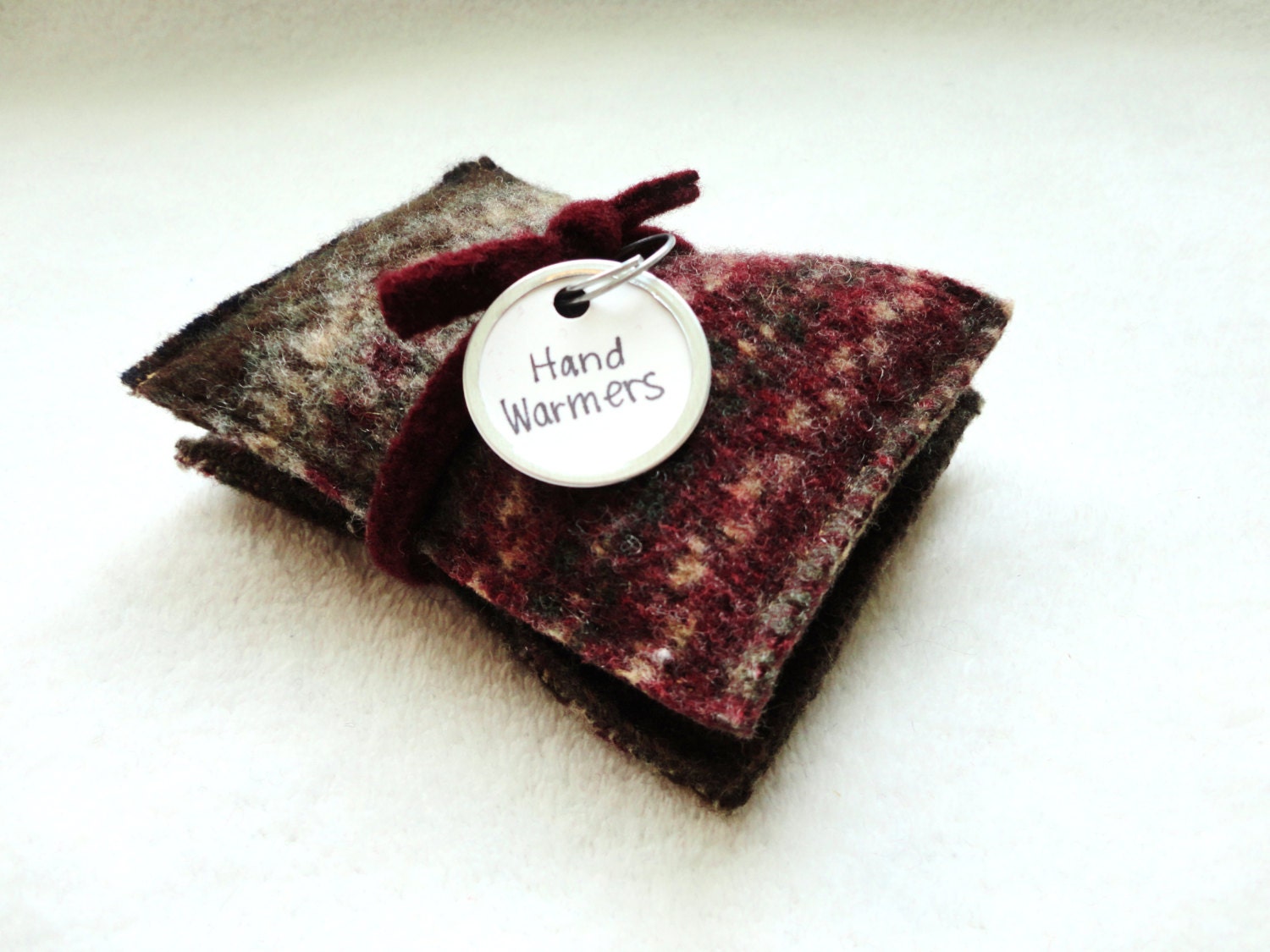 Pocket Hand Warmers BURGUNDY & BROWN Wool Handwarmers Upcycled Rice Bags by WormeWoole