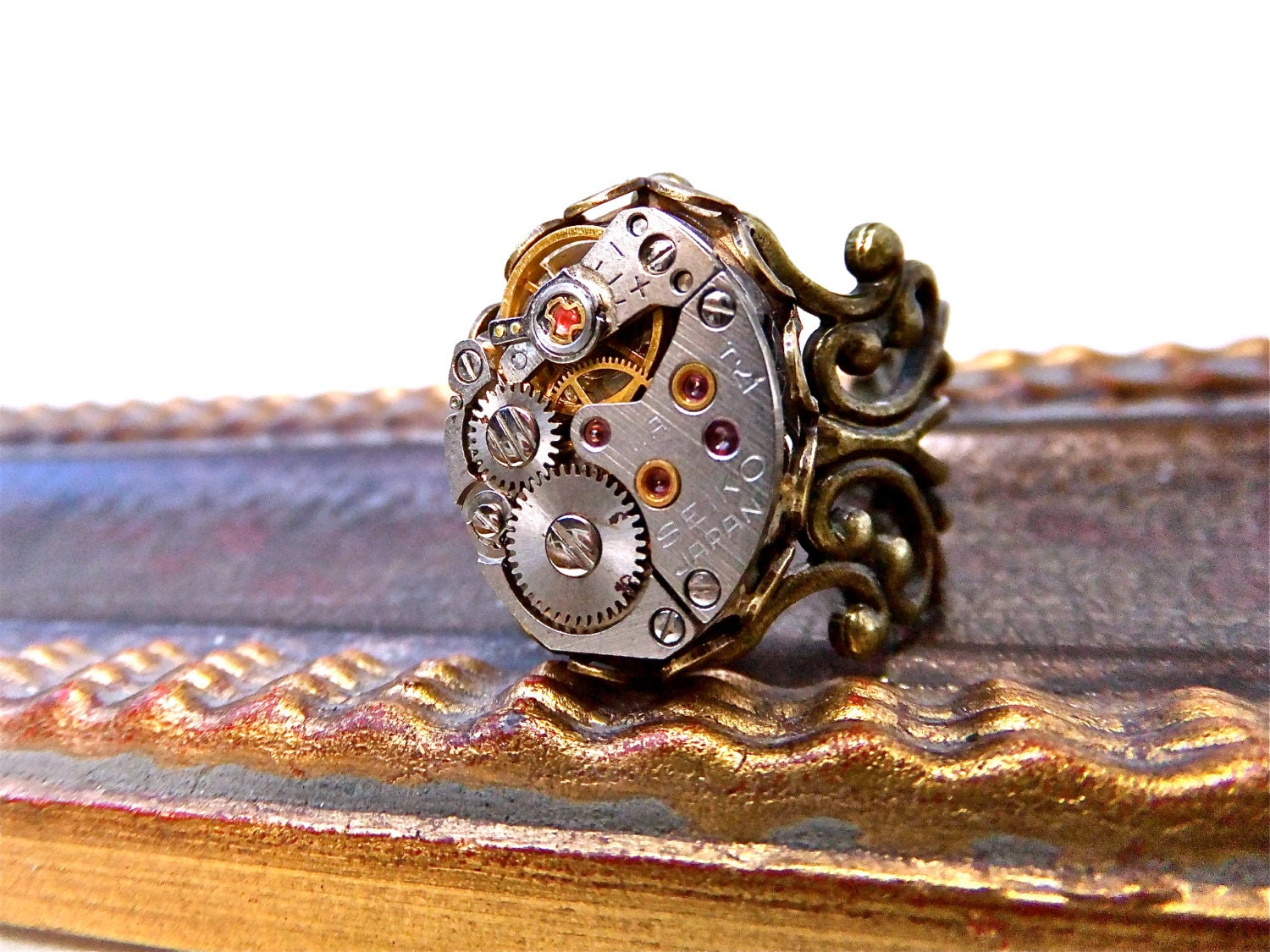 18x13 Steampunk Clockwork Ring- Small Watch Movement on Fancy Thick Filigree Ring Base