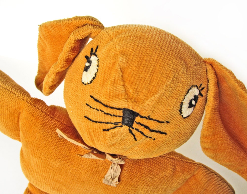 Stuffed animal bunny rabbit, orange corduroy with black embroidered face, vintage toy, plush, possibly handmade
