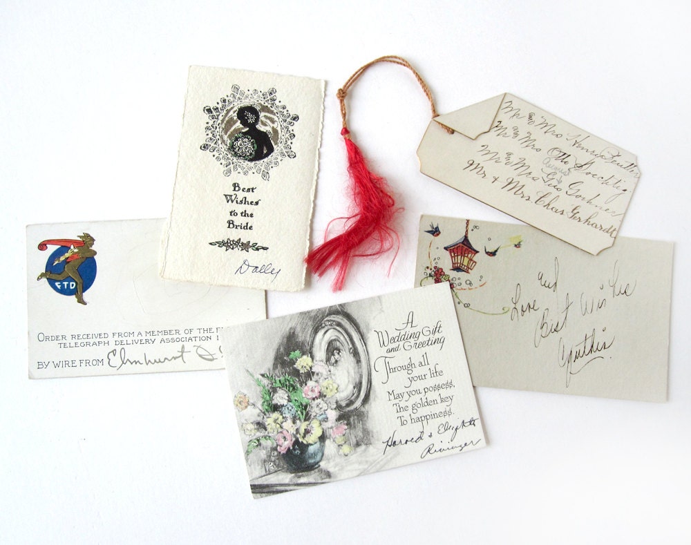 Five vintage wedding gift cards, bride congratulations, greeting cards, FTD florist card, 1920s or 1930s