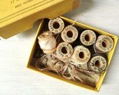 8 wooden spools of vintage darning silk thread, in original Ace box, 1930s or 1940s, hosiery shades, pink, peach, brown, black