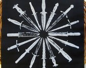 Wheel of Knives handmade screen printed BACK PATCH, white on black