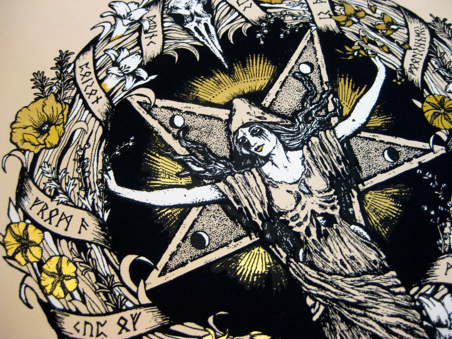 The Witch's Coronet original artwork handmade screenprint by Adrienne Rozzi, black white gold on fawn paper. LIMITED EDITION