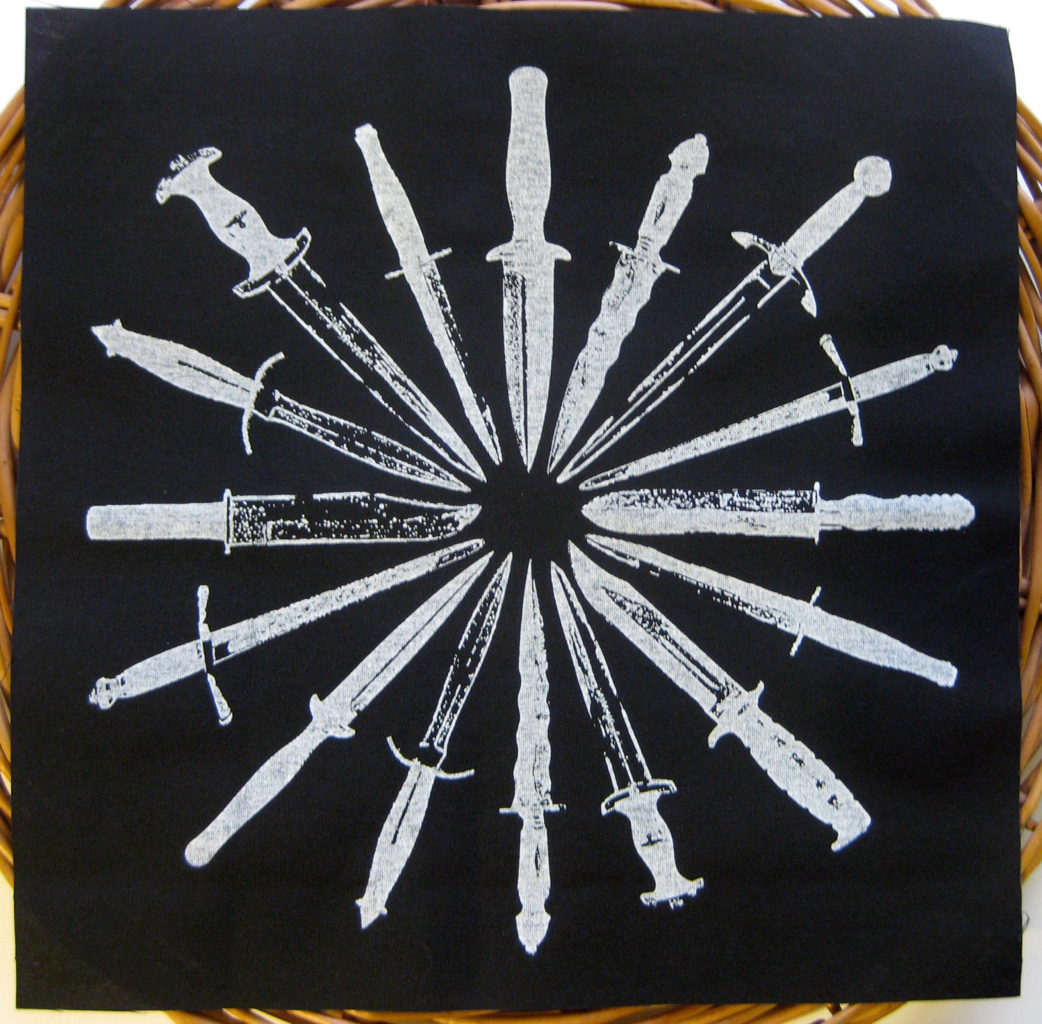 Wheel of Knives handmade screen printed BACK PATCH, white on black