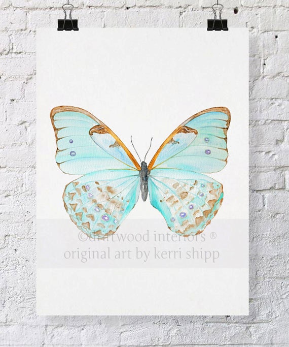 Watercolor Print Butterfly in Celadon 11x14 - Papillon Series - Butterfly Print by Kerri Shipp - Blue Butterfly Art Print