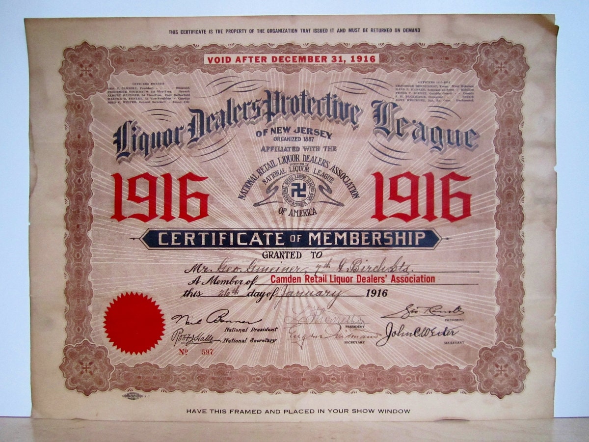 Antique Ornate 1916 Liquor Dealers Protective League National Retail Association License Brewer Bar Rare New Jersey Hoboken Camden