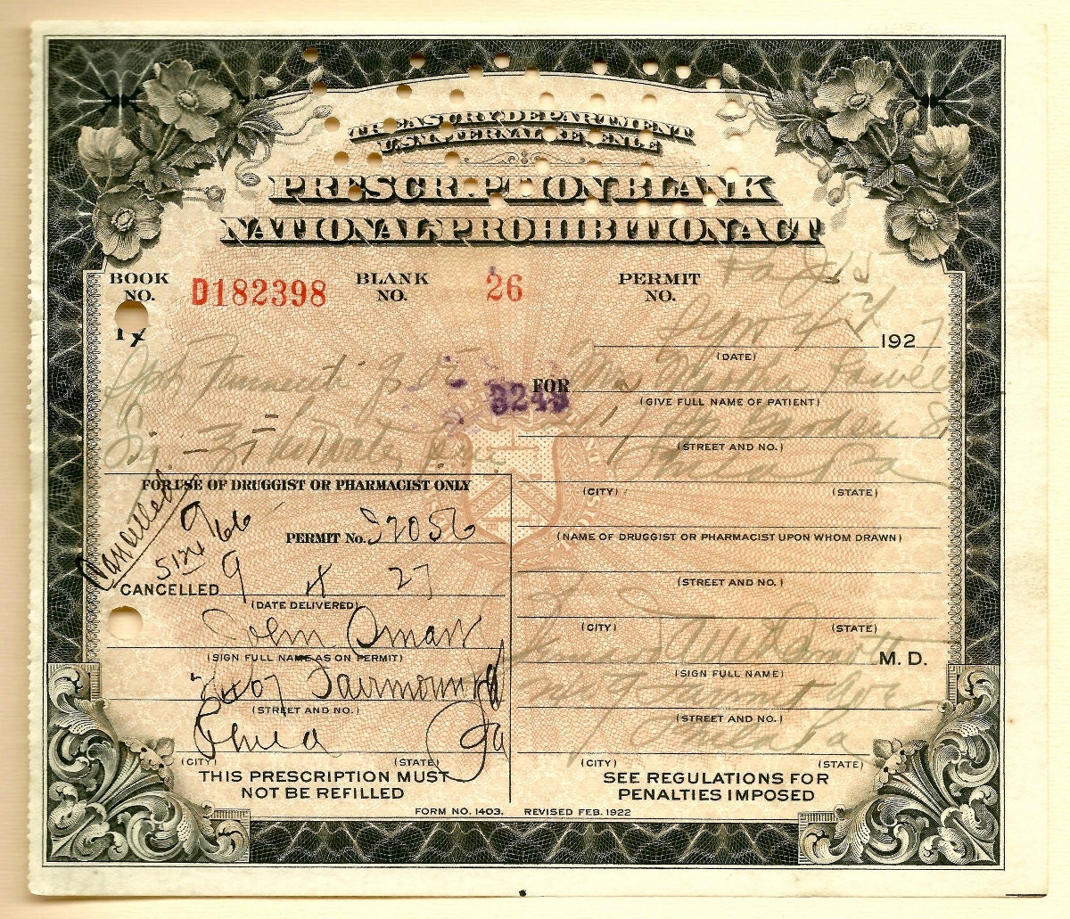 Original 1927 PROHIBITION Whiskey Prescription Martha Powell  Doctor McDermott Philadelphia PA History Antique Smart's Pharmacy Bar