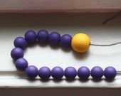 Golden Sun Statement Necklace / Hand Painted Wooden Beads on Leather Band / Purple, Gray and Yellow / Adjustable Length
