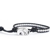 Black and Silver Rock and Roll Beaded Leather Wrap Bracelet - the lucky elephant Original with Natural Stone & GOOD LUCK ELEPHANT Button
