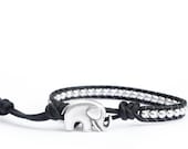 Black and Silver Beaded Leather Wrap Bracelet - the lucky elephant Original with Polished Silver Pewter & GOOD LUCK ELEPHANT Button