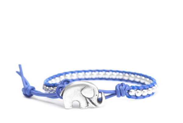 Blue and Silver Beaded Leather Wrap Bracelet - the lucky elephant Original with Polished Silver Pewter & GOOD LUCK ELEPHANT Button