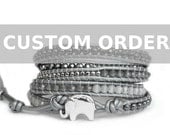 Custom Order Jillian... 925 Sterling Silver GOOD LUCK ELEPHANT Button... Silver, Gray Leather Wrap Bracelet - the Lucky Elephant Exclusive