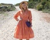 VTG 1950s 50s Orange and Purple Dress w/ Long Sleeves M