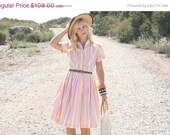 20% Off MEMORIAL DAY SALE Vtg 1950s 50s Pastel Striped Button-Up Cotton Dress L