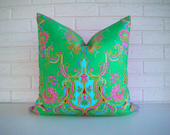 Indian Pillow Cover - Vibrant Green Pink Throw Pillow - Bohemian Chic Decor