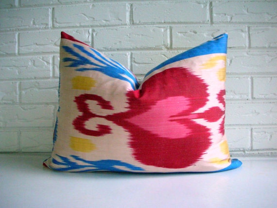 Red Ikat Pillow Cover Lumbar - Modern Tribal - Colorful Yellow Blue Ivory - Bohemian Chic - Valentine's Day - Habitation Boheme
