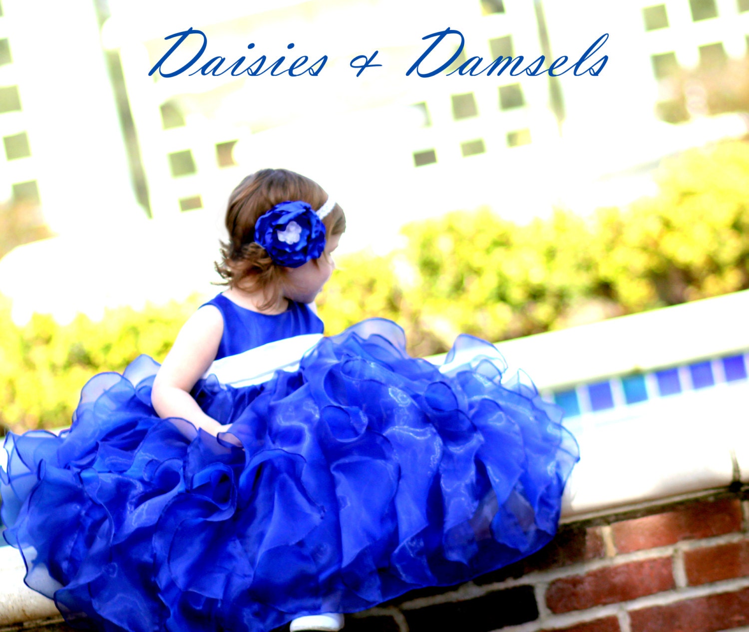 Flower girls dress, Royal/cadet blue cascading ruffles design, organza, satin