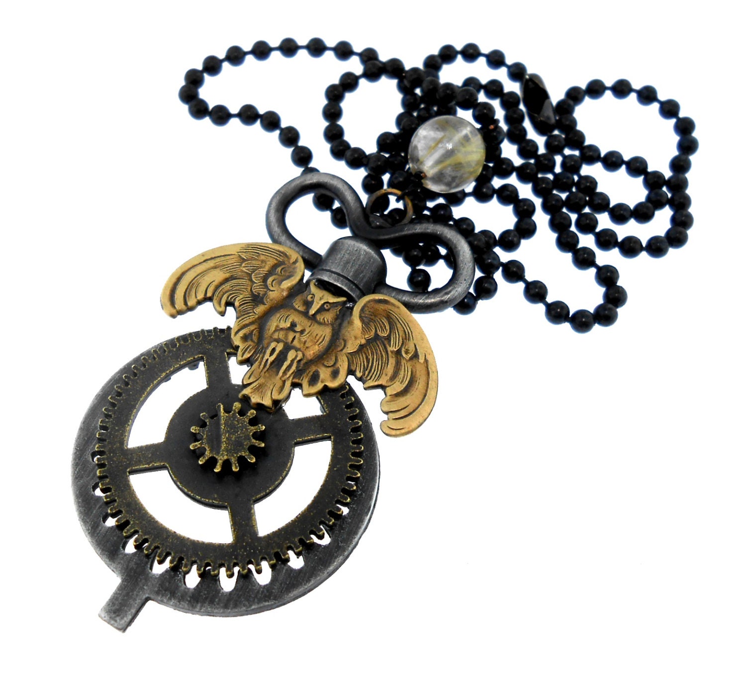 Unisex: Gothic/Steampunk/Dark Love - Steampunk Owl Key with Magical Rutile Crystal Ball Pendant