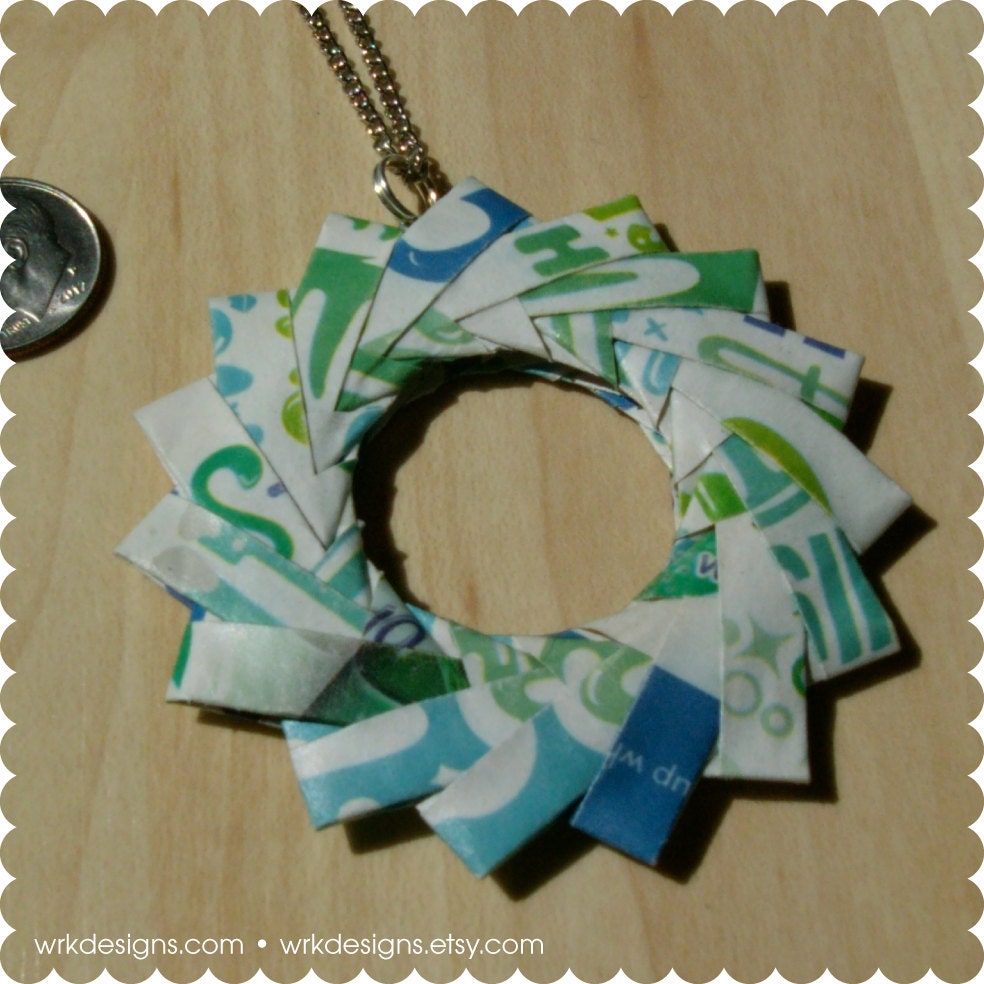 Abstract Blue Green Paper Pendant Necklace - Recycled Magazine - Paper Charm - Ready To Wear