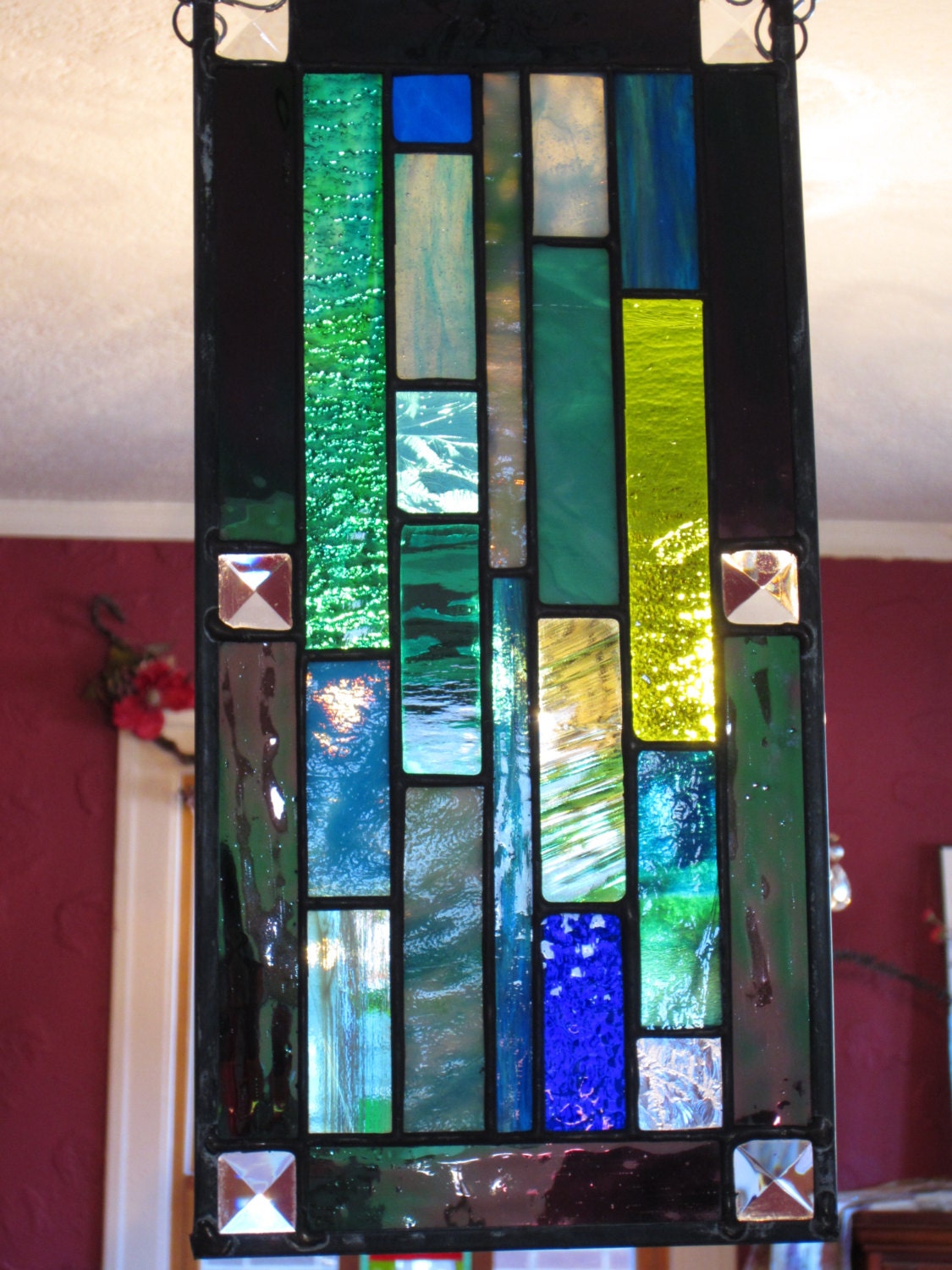 Ocean transom stained glass suncatcher  Sea Glass with bevels