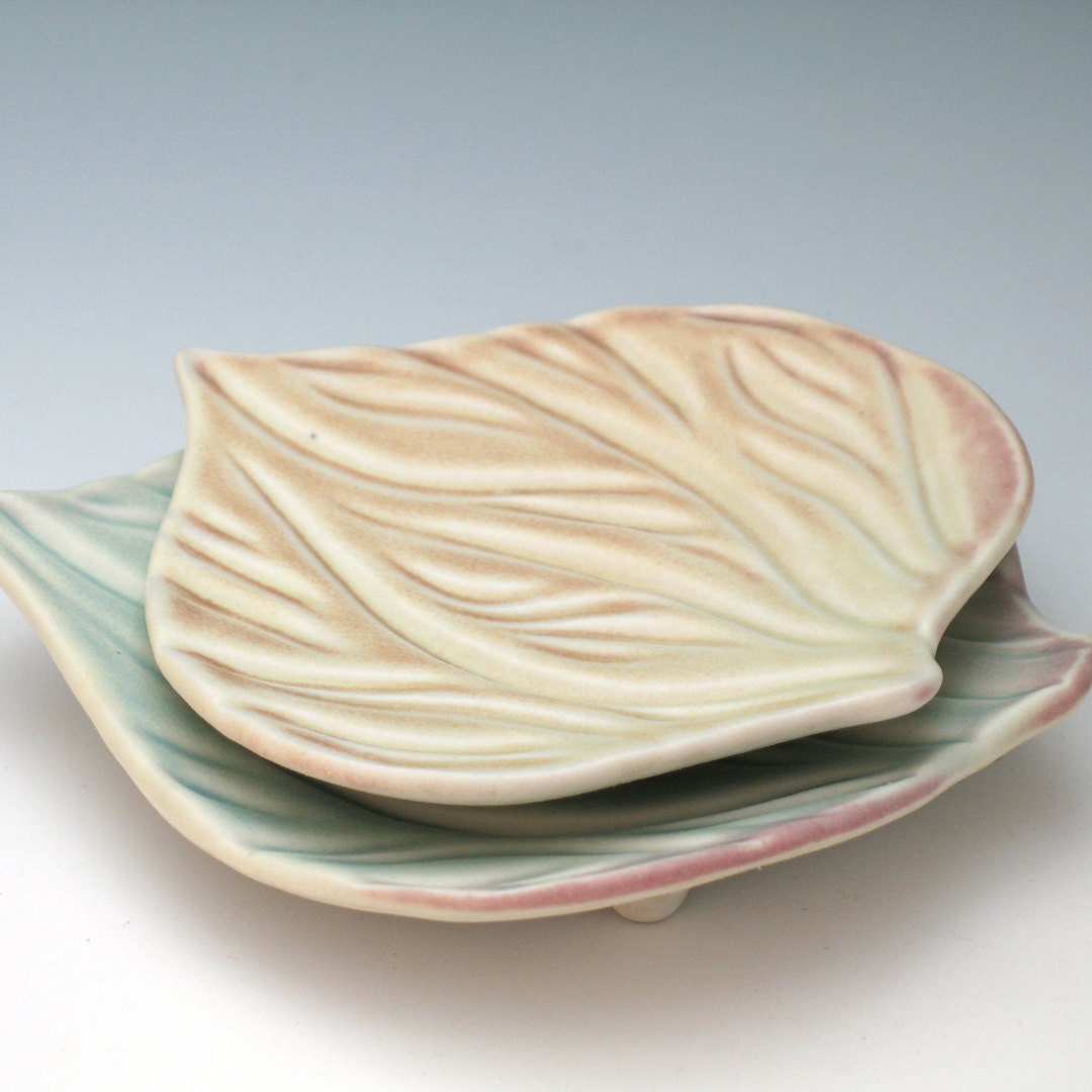 Carved porcelain leaf tray, pale yellow peach, for jewelry, earrings or rings