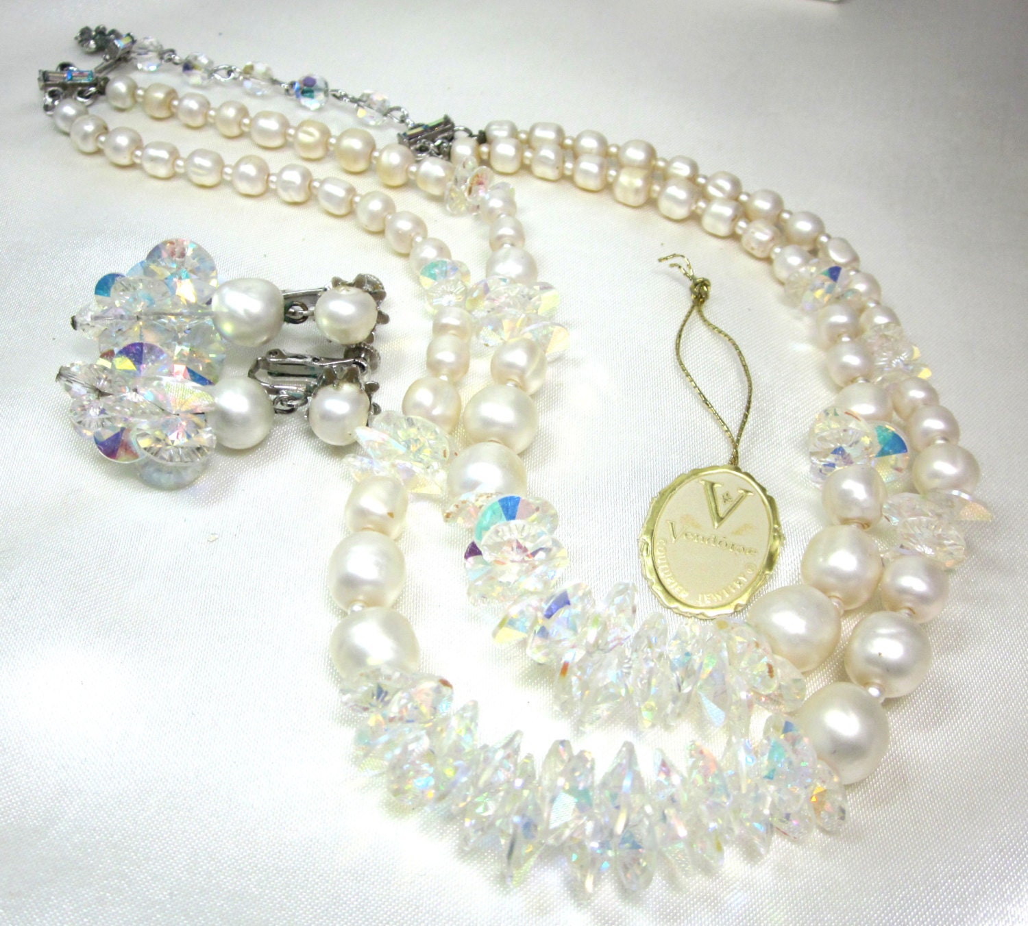VENDOME  Aurora Borealis Crystal and Faux Pearl Necklace and Earrings, Stunning Glitz and Glamor