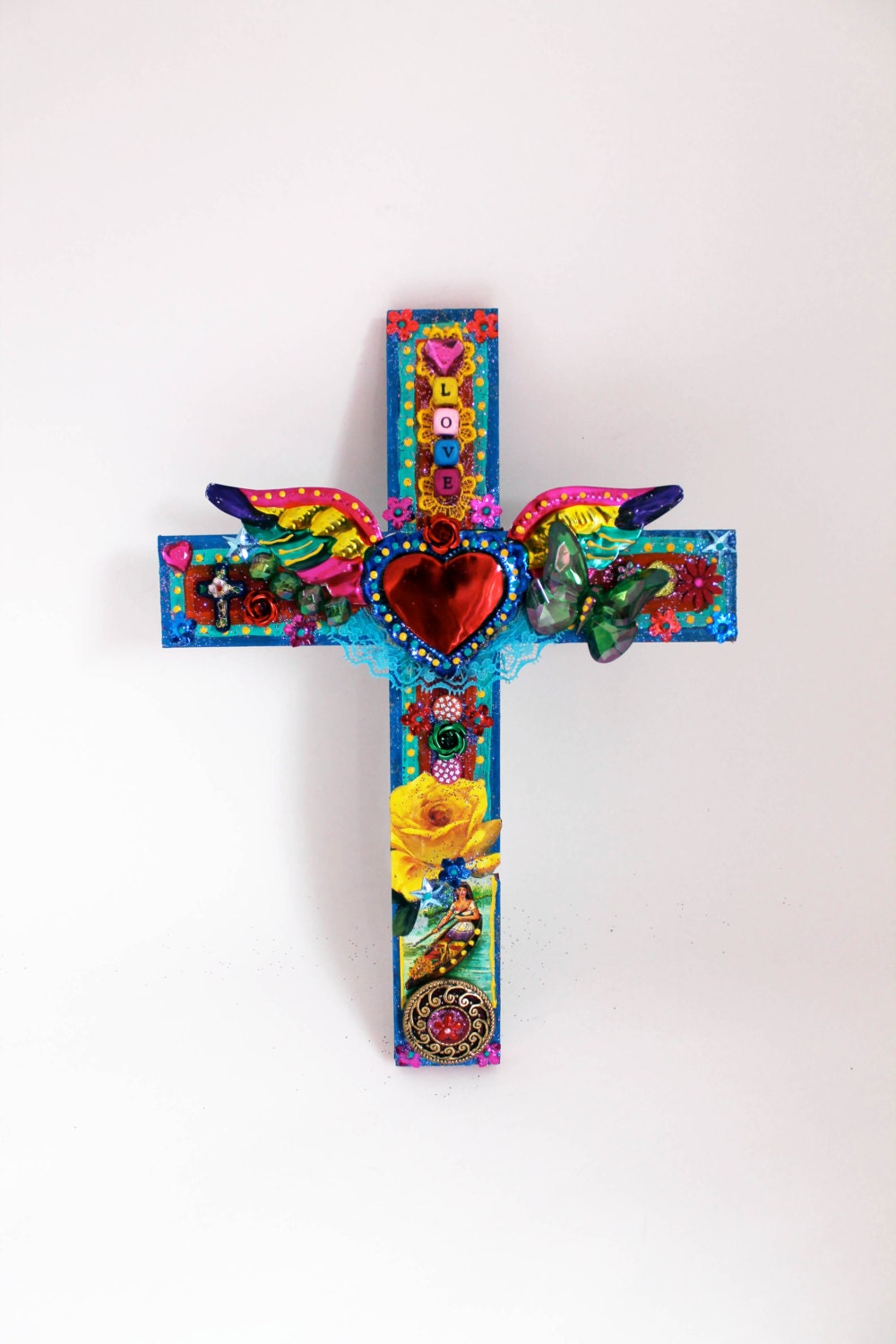 Mothers day gift LOVE heart with wings on upcycled vintage wooden cross // Rainbow bright fun colorful // Unique one of a kind gift